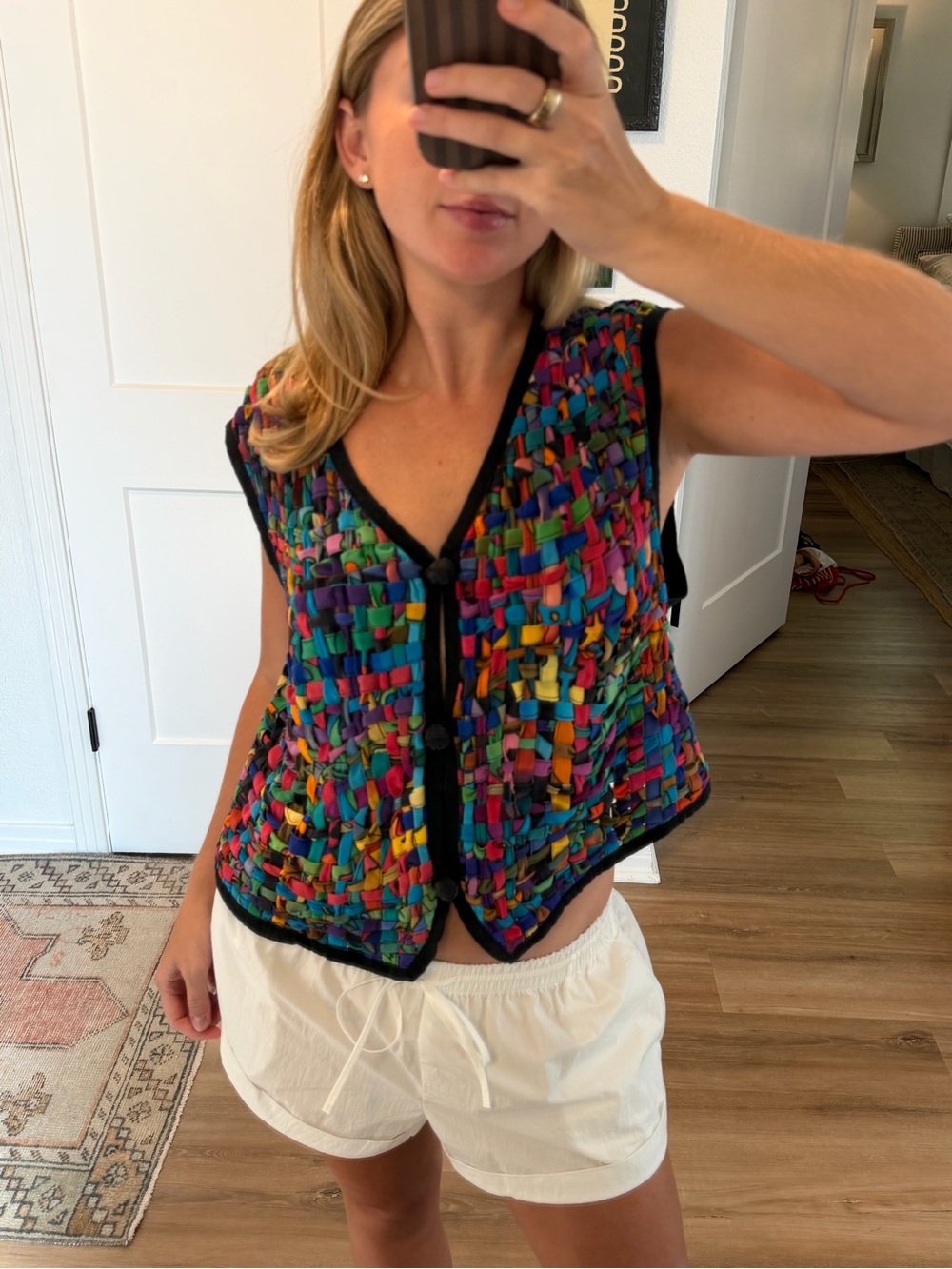 VINTAGE Multicolor Woven Patchwork V-Neck Women's Vest